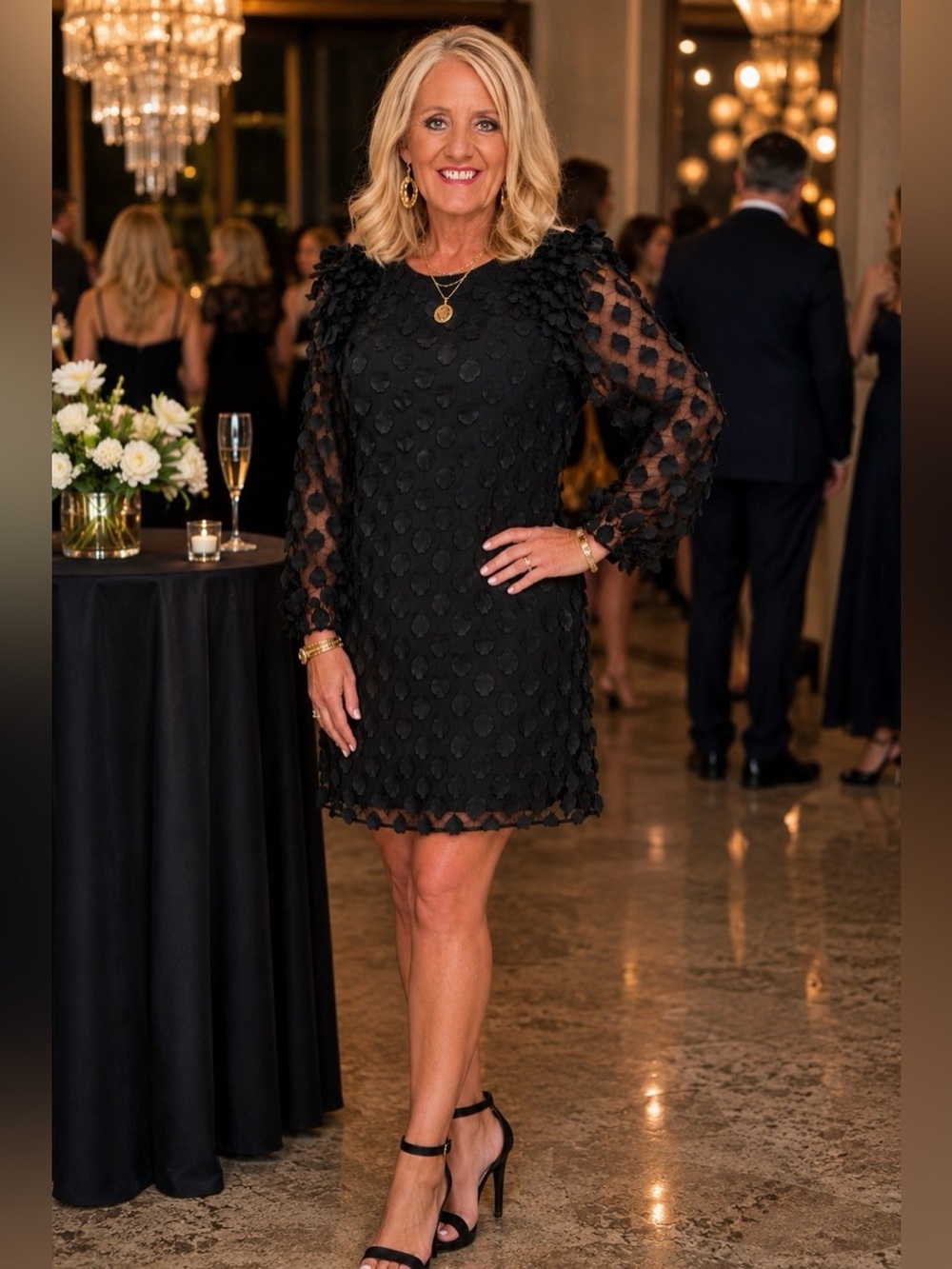 JODIFL Black Textured Dot Mini Dress with Sheer Sleeves Medium